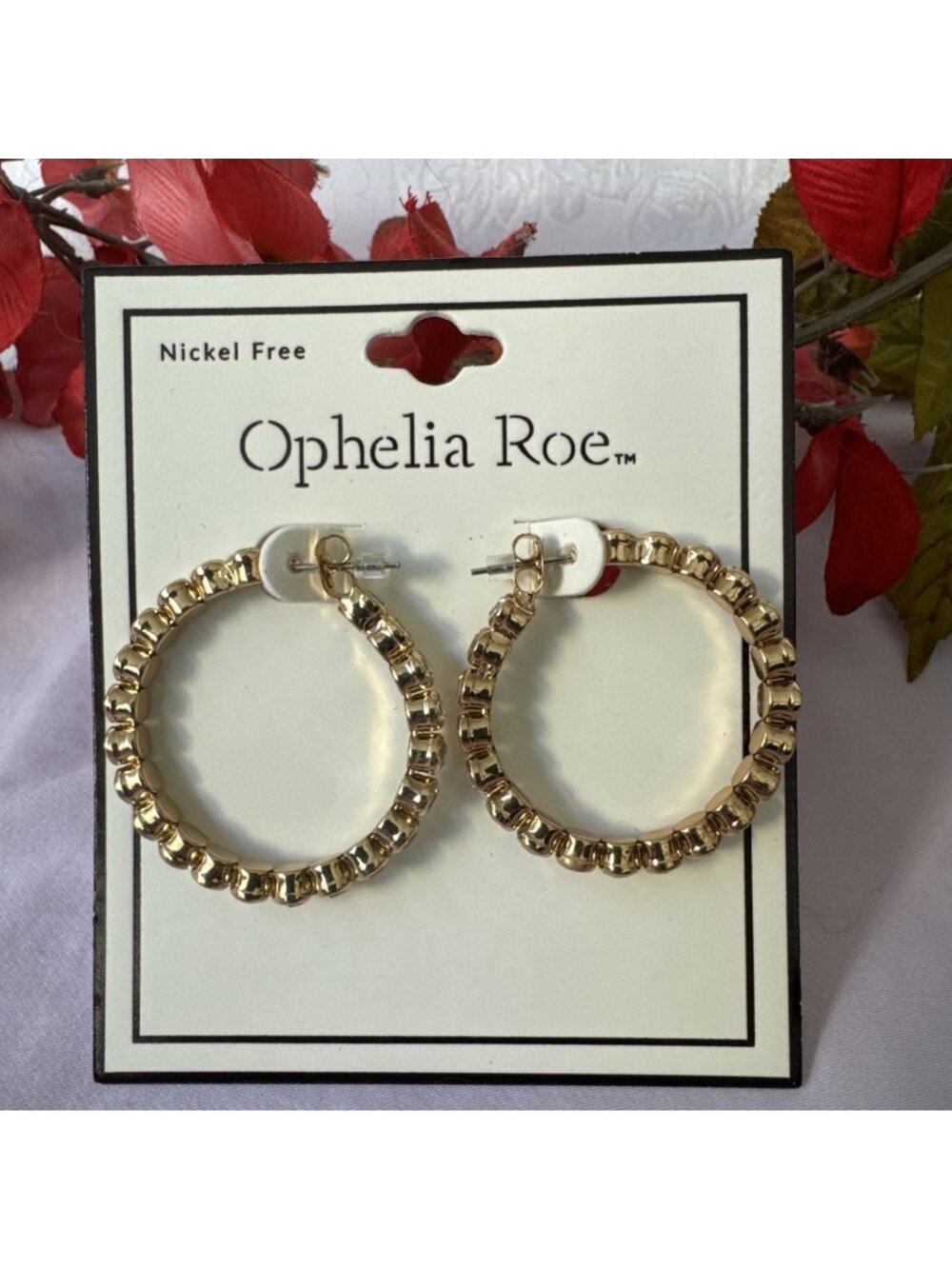 Ophelia Roe Gold Tone Rhinestone Hoop 1.5" Drop Earrings Nickel Free NEW